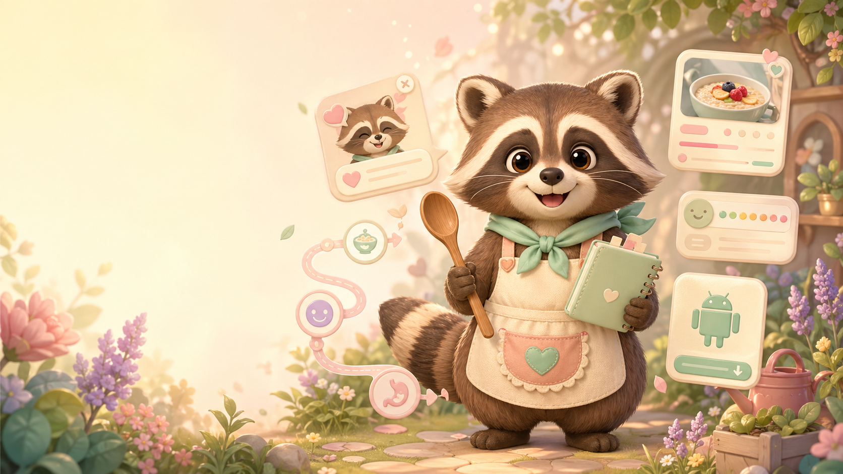 Gravy standing in a pastel journal garden with meal, symptom, timeline, and Android download panels