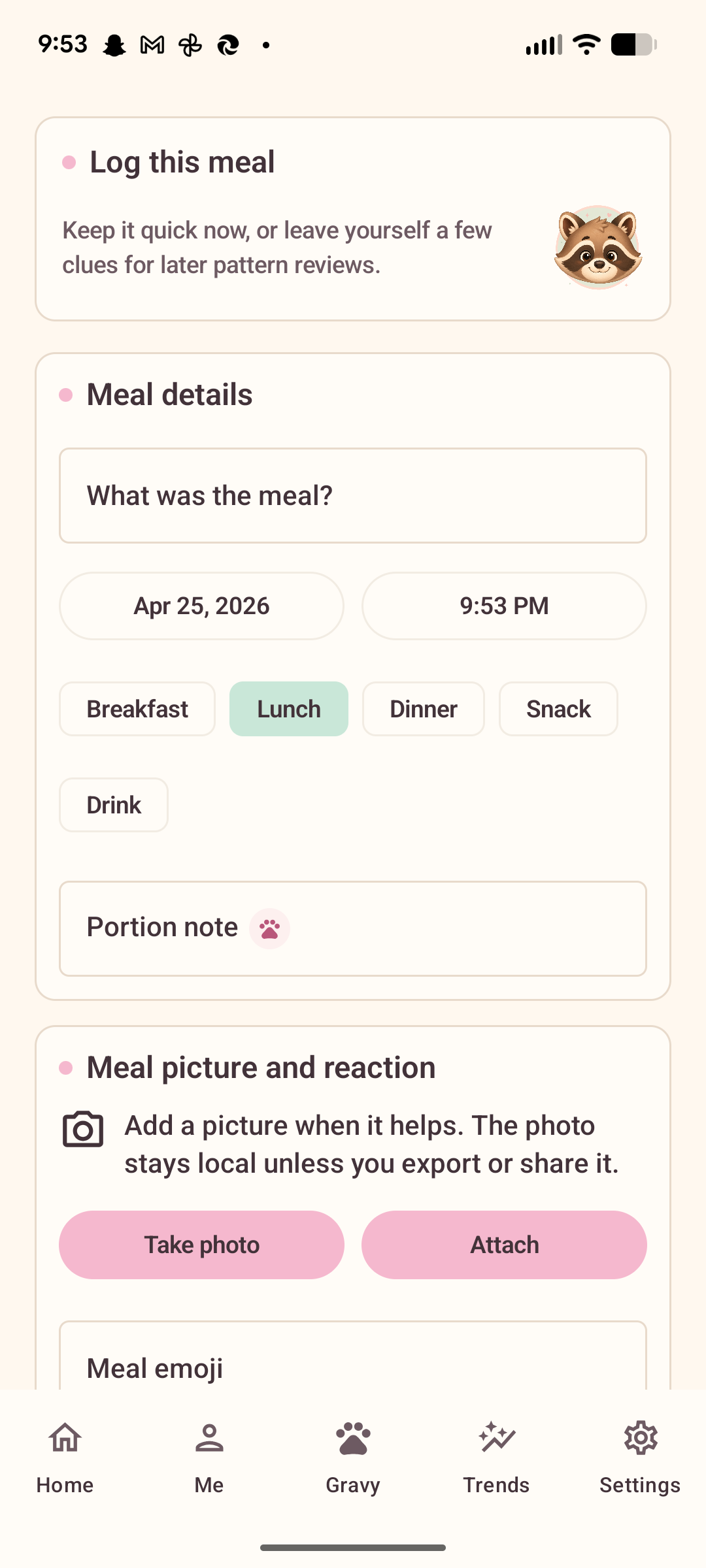 Tater meal logging screen