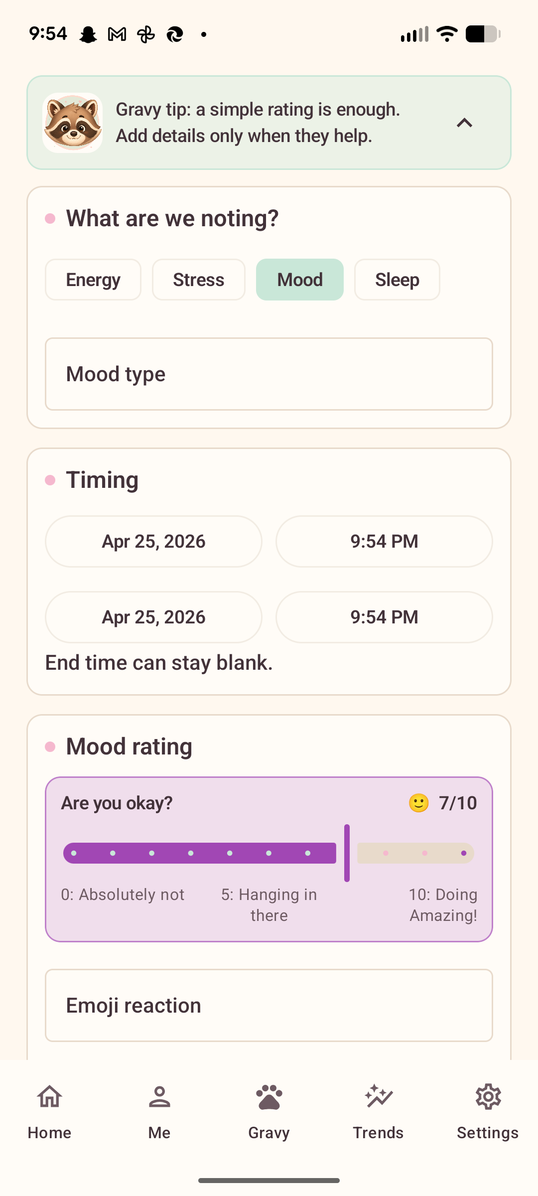Tater wellness logging screen