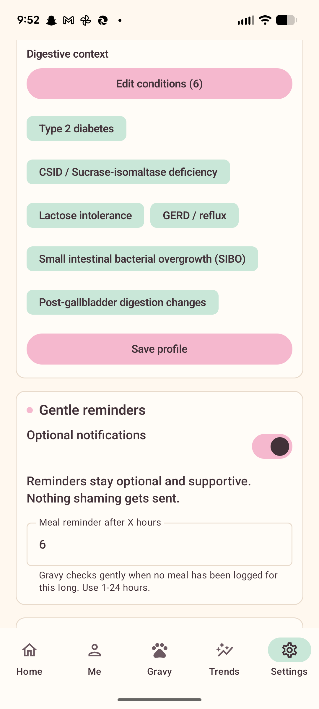 Tater settings conditions screen