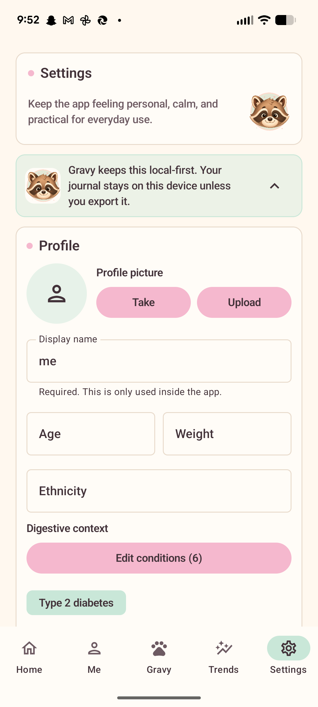Tater settings profile screen