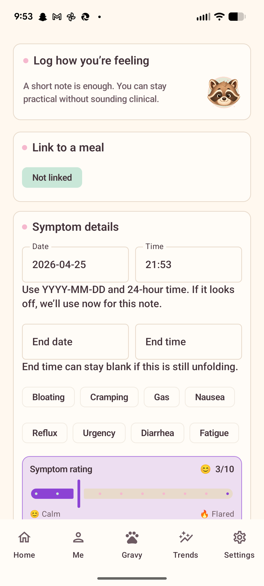 Tater symptom logging screen